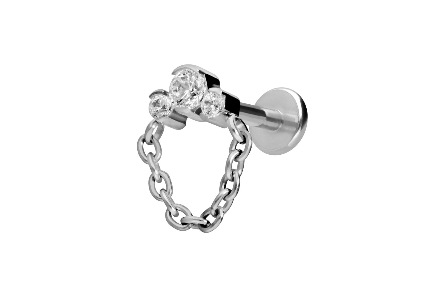 Titan Labret Piercing mit Innengewinde 3 EINGEFASSTE KRISTALLE + KETTE